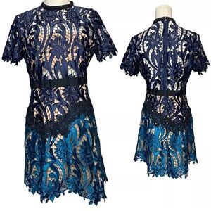 Self-Portrait Prairie Two-Tone Guipure Lace Mini Dress Minidress, size 8